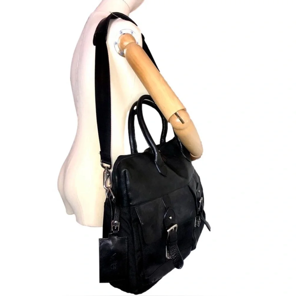 RALPH LAUREN Black Leather and Canvas Laptop Messenger Shoulder Work Bag VTG